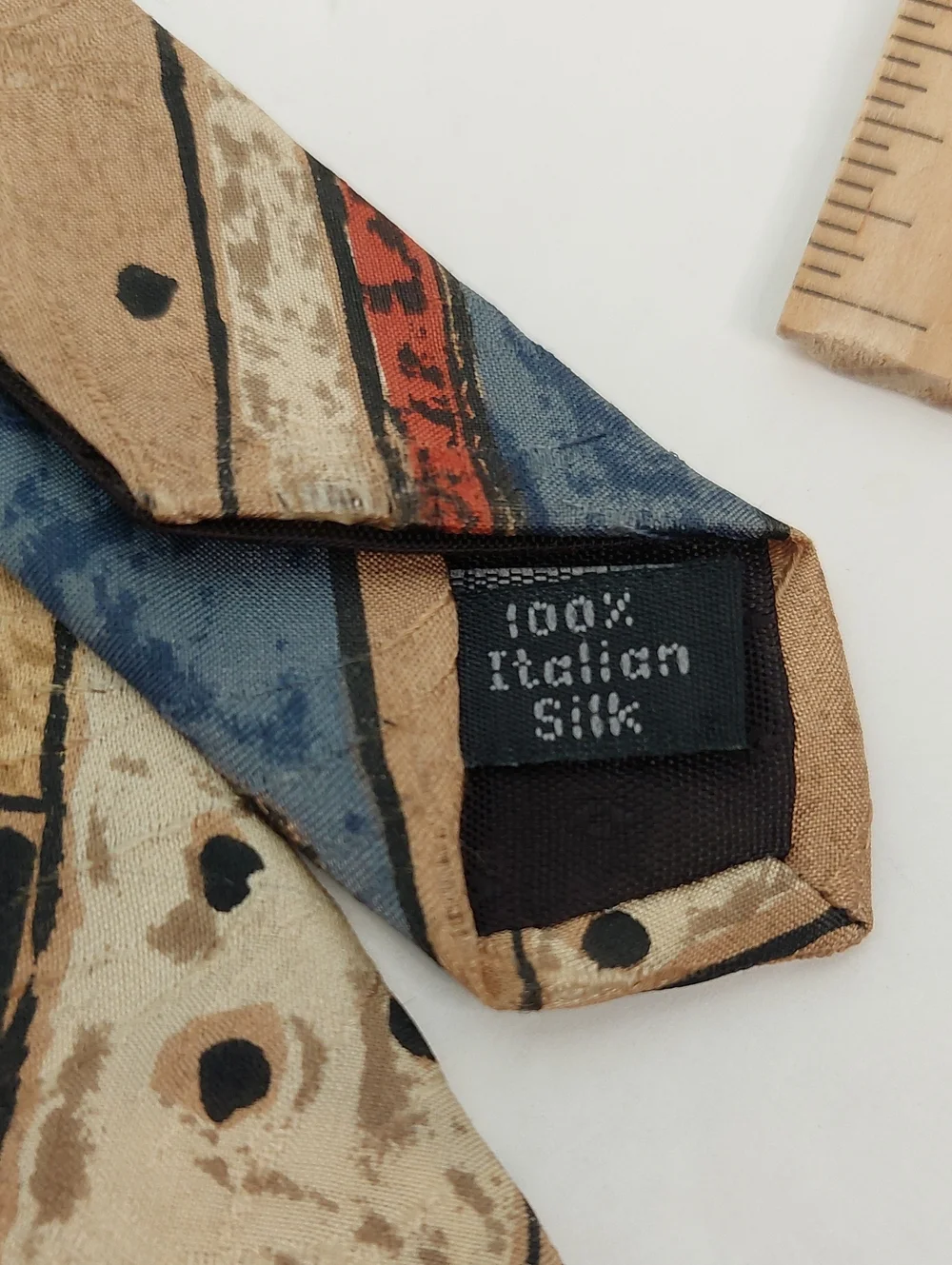Bugatti Men's Tie Abstract Geometric Silk Tie in Tan with Blue & Red Accents